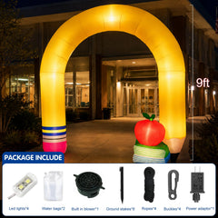 Close-up of the inflatable pencil design with apple and book accents