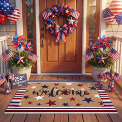 Close-up of the patriotic welcome message on the door mat