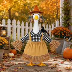 Close-up of the scarecrow goose outfit's plaid shirt design