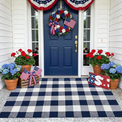 Close-up of the soft cotton texture of MUBIN buffalo plaid rug