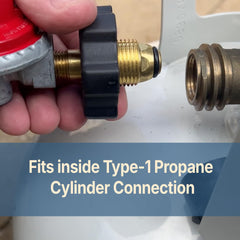 Close-up of the soft nosed POL fitting of the propane regulator