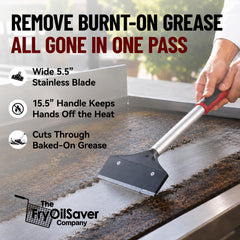 Close-up of the stainless steel blade on the griddle scraper