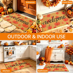 Close-up of the ULTSOFE doormat showing pumpkin leaves print