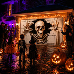 Close-up of the vibrant skull design on the Halloween banner