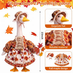 Close-up of the YVMMVY Goose Outfit with vibrant autumn maple leaf pattern
