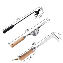 Close-up of Theuzi hand weeder with sharp stainless steel blade and wood handle
