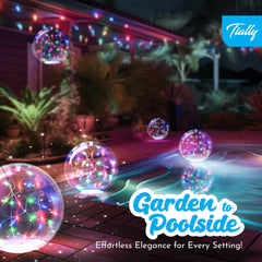 Close-up of TIALLY solar floating pool lights showing multicoloured glow