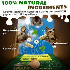 Close-up of Tubadros Squirrel Repellent pouch showing peppermint oil ingredients