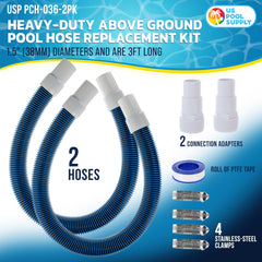 Close-up of U.S. Pool Supply pool hoses showing 1.5-inch diameter