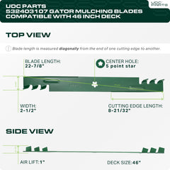 Close-up of UDC Parts mower blades showing 5-point star hole