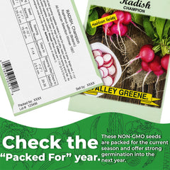 Close-up of Valley Greene non-GMO seeds packaging