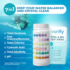 Close-up of VARIFY Pool Test Strips showing colour chart