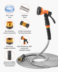 Close-up of VEVOR metal garden hose nozzle with adjustable patterns