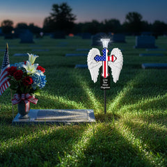 Close-up of VKEVOC memorial cross displaying American flag