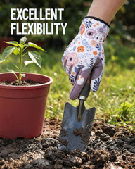Close-up of WORKPRO Floral Garden Gloves touchscreen fingertips