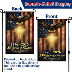 Close-up of XINNK 250 Anniversary USA Garden Flag displaying cross and eagle design