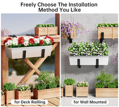 Close-up of Y&M adjustable planter brackets mounted on a railing
