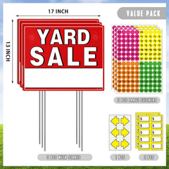 Close-up of yard sale signs with metal stakes for easy installation