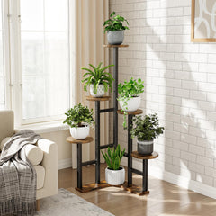 Close-up of Yzosvki plant stand's rustic brown shelves