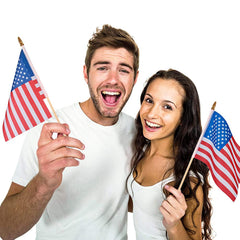 Close-up view of Datconect small American flags with spear tops