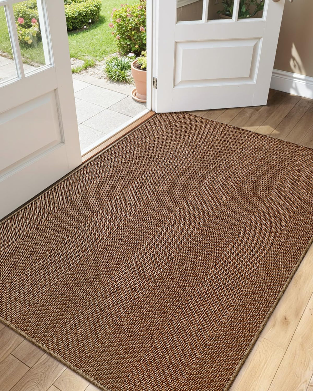 Color&Geometry Ultra Thin Indoor Door Mat 36"x60" front view in warm chestnut
