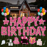 ComboJoy 18 Pcs Happy Birthday Yard Sign Set with Pink Design