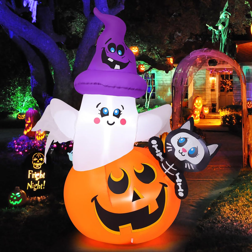 COMIN 5 FT Halloween inflatable pumpkin ghost cat front view