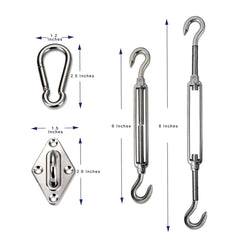 Components of the LOVE STORY hardware kit including turnbuckles and pad eyes