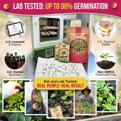 Contents of Organo Republic Herb Seeds Variety Pack including gardening tools