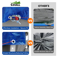 Covall pool cover secured over above-ground pool