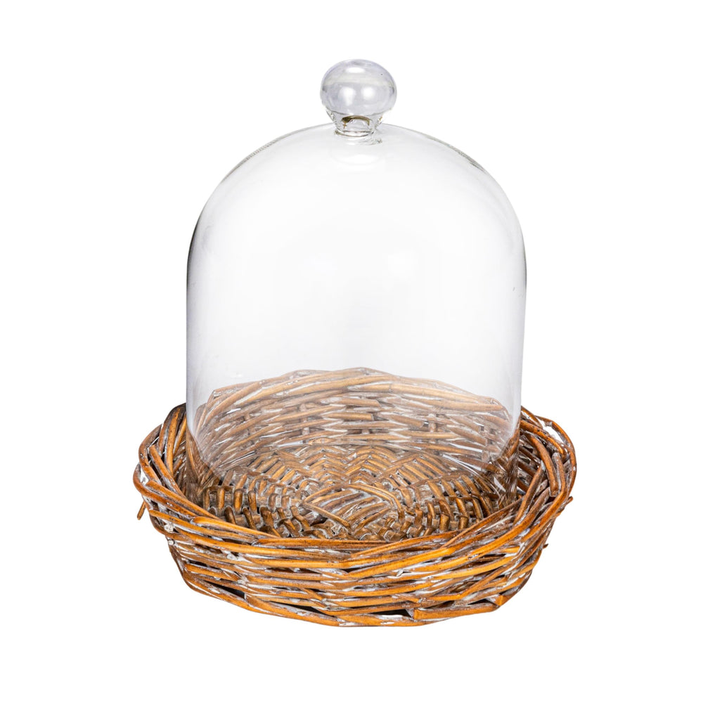 Creative Co-Op Round Glass Cloche with woven willow base front view