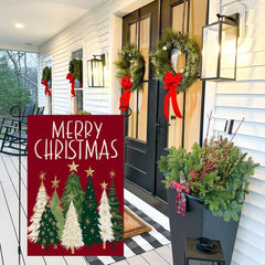 CROWNED BEAUTY Christmas Trees Garden Flag in outdoor setting