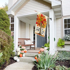 CROWNED BEAUTY Fall Tree House Flag hanging on a standard flag pole