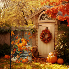 Cryfox Fall Pumpkin Garden Flag displayed on a standard flag stand