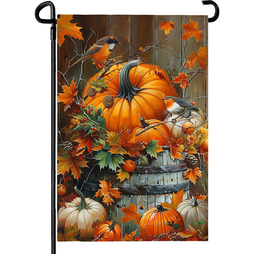 Cryfox Fall Pumpkin Garden Flag front view with autumn leaves