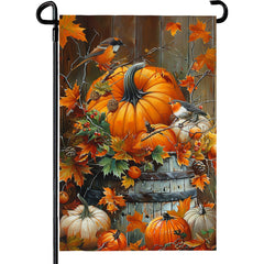 Cryfox Fall Pumpkin Garden Flag front view with autumn leaves