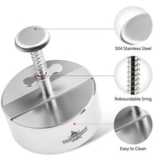 Cuexorik hamburger press with various sized patties on a grill