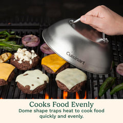 Cuisinart Melting Dome in use on a grill with melted cheese