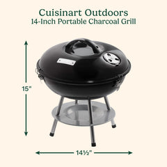 Cuisinart Portable Charcoal Grill with lid open and food cooking
