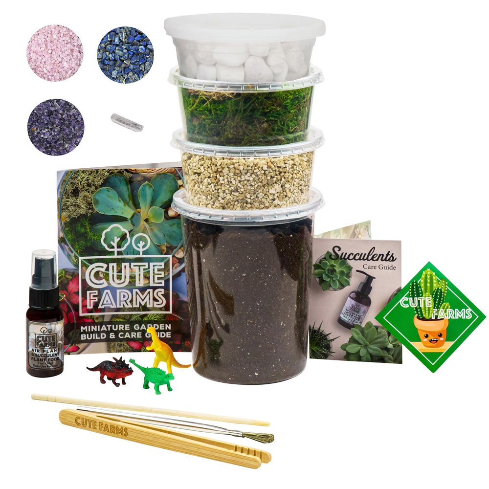 Cute Farms Terrarium Starter Kit contents including moss, soil, and pebbles