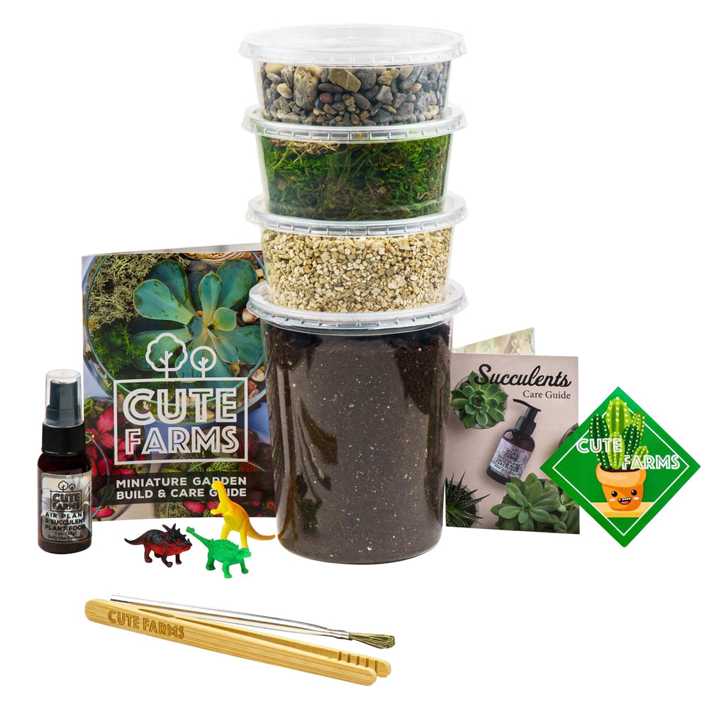 Cute Farms Terrarium Starter Kit contents including moss, soil, and tools