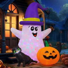 Cute wizard ghost inflatable with black cat and pumpkin
