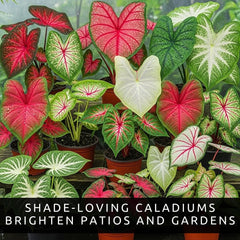 CZ Grain Caladium Bulbs in a garden bed displaying vibrant colors