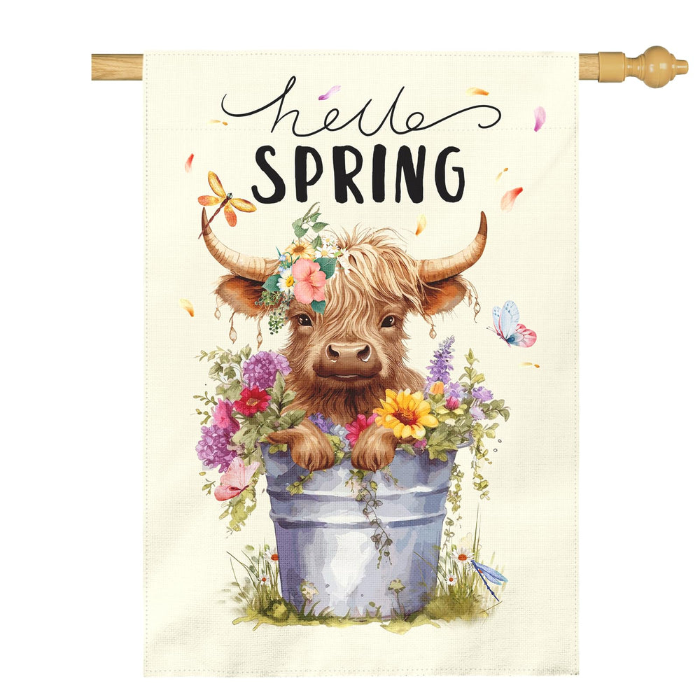 Dacawin Hello Spring Garden Flag showing highland cow design front view