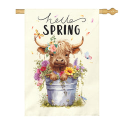 Dacawin Hello Spring Garden Flag showing highland cow design front view