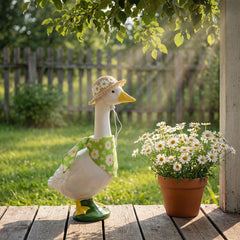 Daisy-print bib for 23-inch goose statue front view