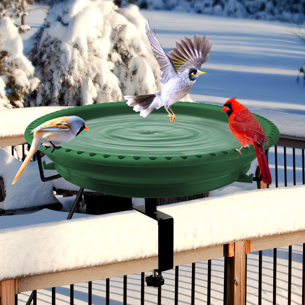 Daoeny Heated Bird Bath front view, green bowl with metal clamp