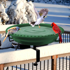 Daoeny Heated Bird Bath front view, green bowl with metal clamp