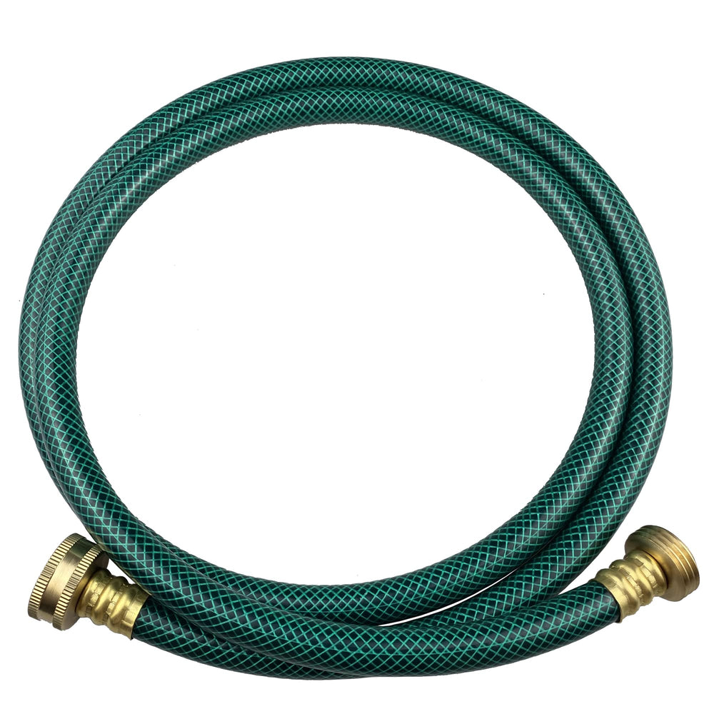 Darnassus 5 FT green garden hose front view with brass fittings