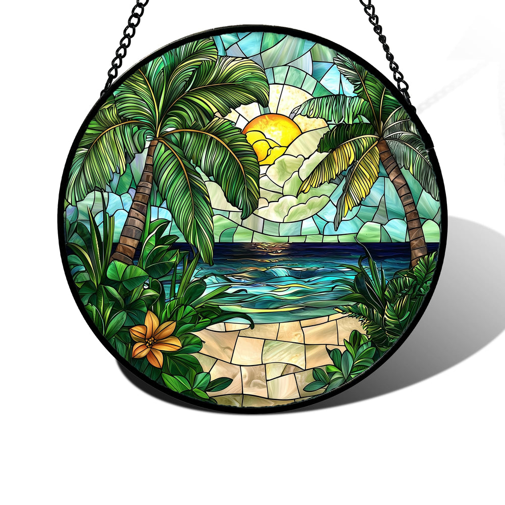 DASTOLL Palm Sunrise Green Ocean Stained Glass Suncatcher front view